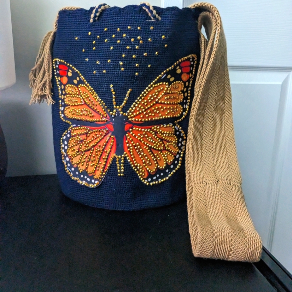 SOLD!  Wayuu Bag Golden Butterfly/ Dark Blue/ Camel/ Handmade Bag/ - Picture 3 of 10